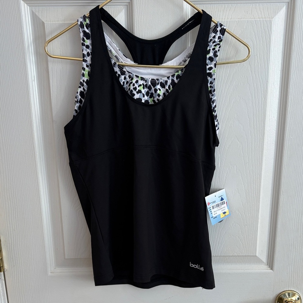 bolle NWT Black Racerback Tank with White and Lime Speckle Shelf Bra tennis top